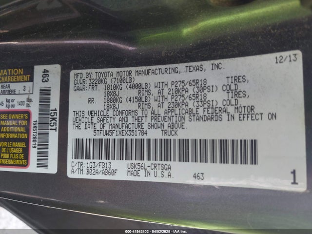 5TFUW5F1XEX351784 Toyota Tundra Sr5 5.7l V8