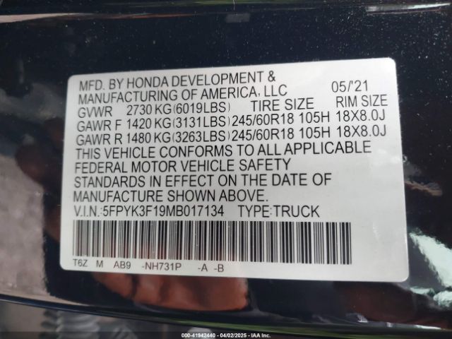 5FPYK3F19MB017134 Honda Ridgeline Awd Sport