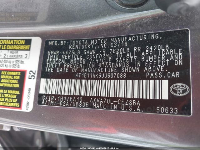 4T1B11HK6JU607088 Toyota Camry L/le/se/xle