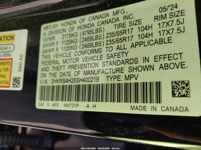 2HKRS4H25SH400219 Honda Cr-v Lx Awd