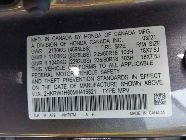 2HKRW1H80MH415821 Honda Cr-v 2wd Ex-l
