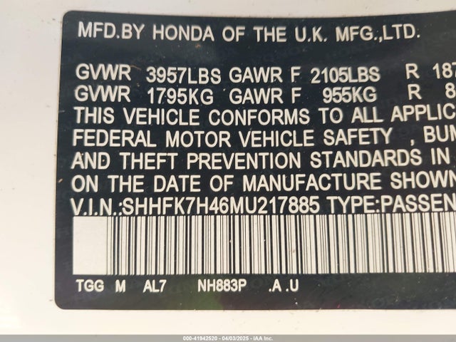 SHHFK7H46MU217885 Honda Civic Sport
