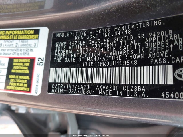 4T1B11HK0JU109548 Toyota CAMRY SE