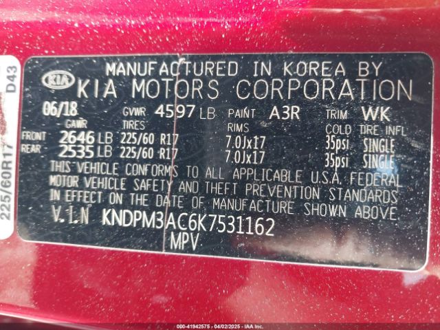 KNDPM3AC6K7531162 KIA Sportage Lx