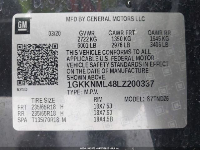 1GKKNML48LZ200337 GMC Acadia Fwd Slt