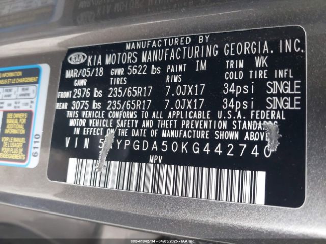 5XYPGDA50KG442740 KIA Sorento 3.3l Lx