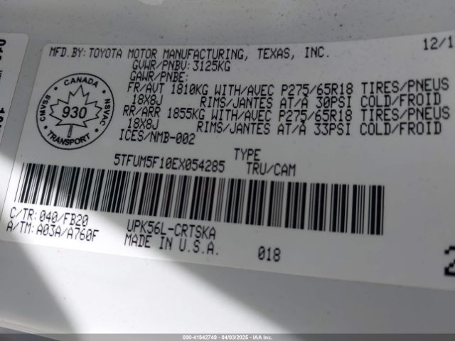 5TFUM5F10EX054285 Toyota Tundra Sr 4.6l V8