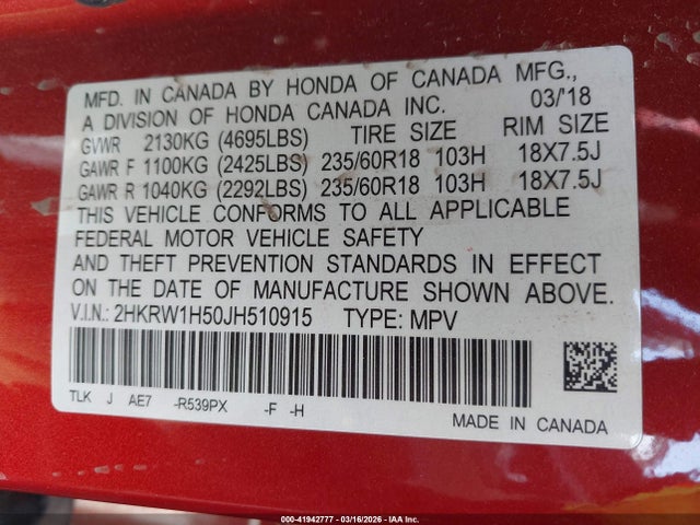 2HKRW1H50JH510915 Honda CR-V EX
