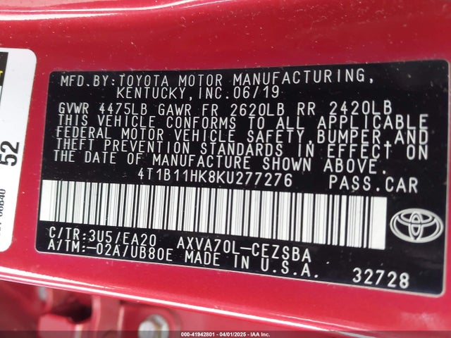 4T1B11HK8KU277276 Toyota CAMRY SE