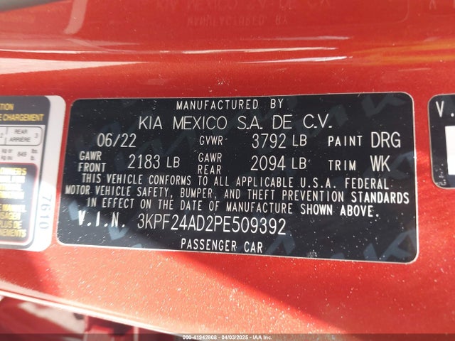 3KPF24AD2PE509392 KIA Forte Lxs