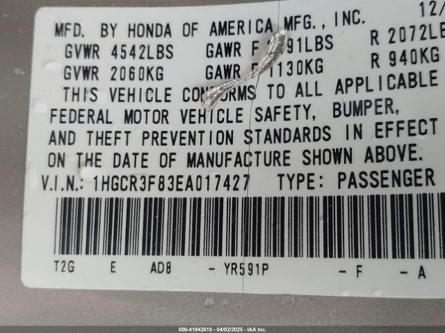 1HGCR3F83EA017427 Honda Accord Ex-l V-6