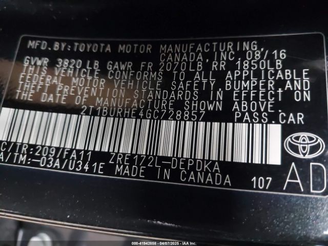 2T1BURHE4GC728857 Toyota COROLLA L