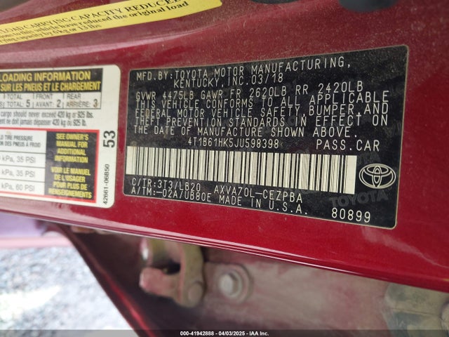 4T1B61HK5JU598398 Toyota CAMRY XSE