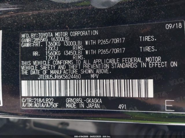 JTEBU5JR6K5624460 Toyota 4runner Sr5 Premium