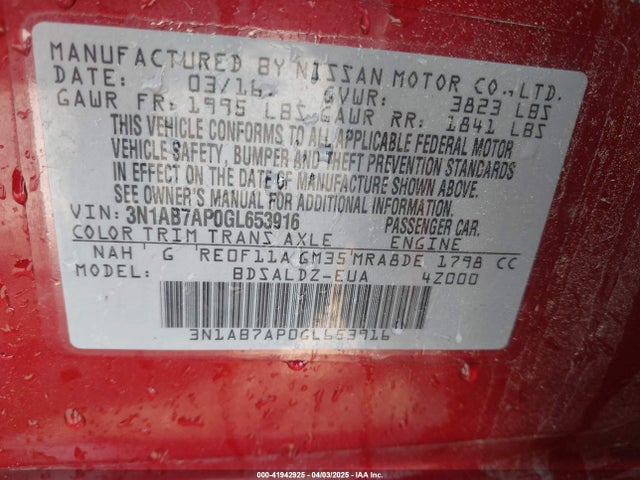 3N1AB7AP0GL653916 Nissan Sentra Fe+ S/s/sl/sr/sv