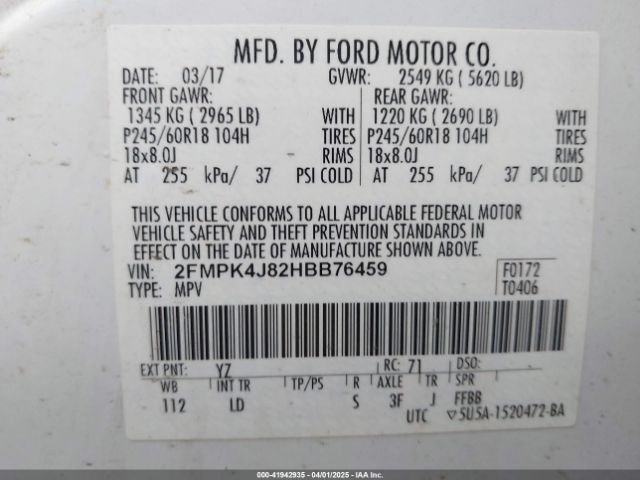 2FMPK4J82HBB76459 Ford EDGE SEL