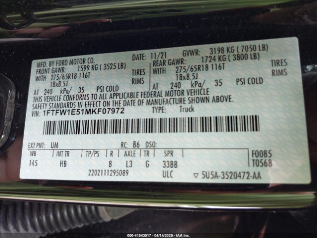 1FTFW1E51MKF07972 Ford F-150 Lariat