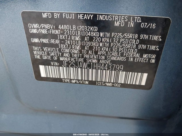 JF2SJAWC1HH443799 Subaru Forester 2.5i Touring