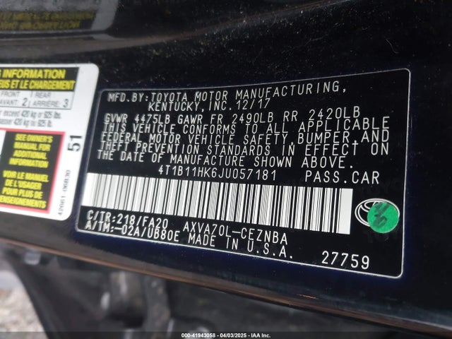 4T1B11HK6JU057181 Toyota CAMRY LE