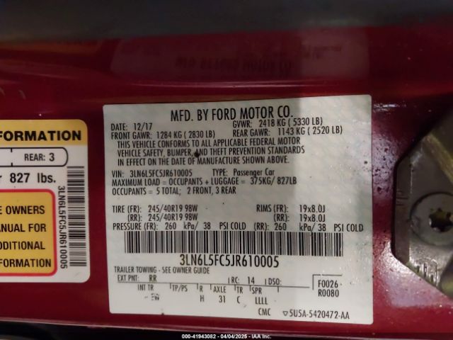 3LN6L5FC5JR610005 Lincoln Mkz Reserve