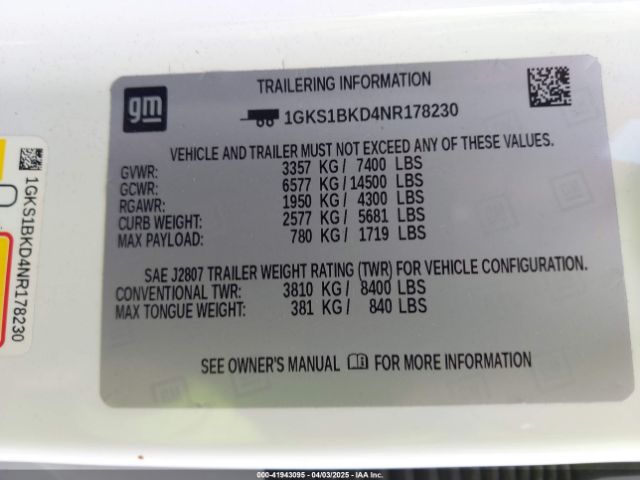 1GKS1BKD4NR178230 GMC Yukon 2wd Slt