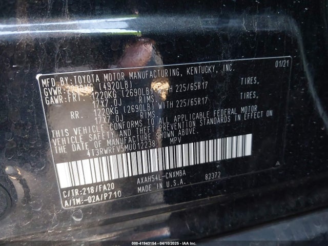 4T3RWRFV5MU012238 Toyota Rav4 Hybrid Xle