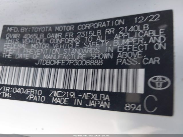 JTDBCMFE7P3008888 Toyota Corolla Hybrid Le