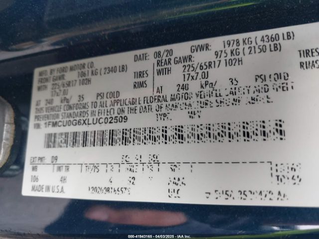 2020 FORD ESCAPE 1FMCU0G6XLUC02509 Photo 8