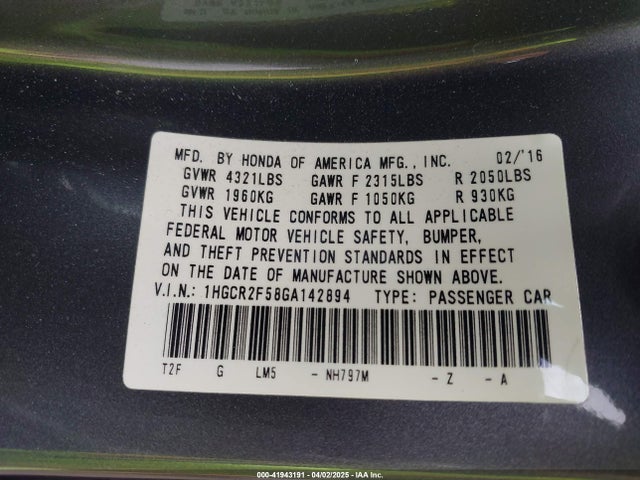 1HGCR2F58GA142894 Honda Accord Sport