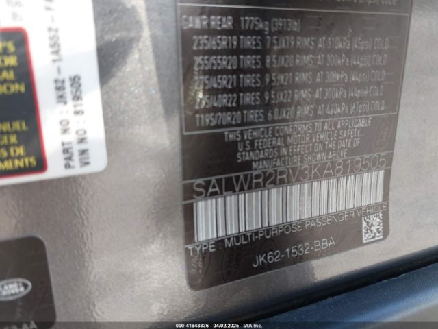 SALWR2RV3KA819505 Land Rover Range Rover Sport Hse