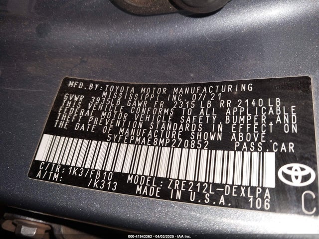 5YFEPMAE8MP270852 Toyota 2zr-fae