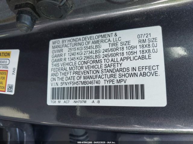 5FNYF5H57MB046740 Honda Pilot 2wd Ex-l