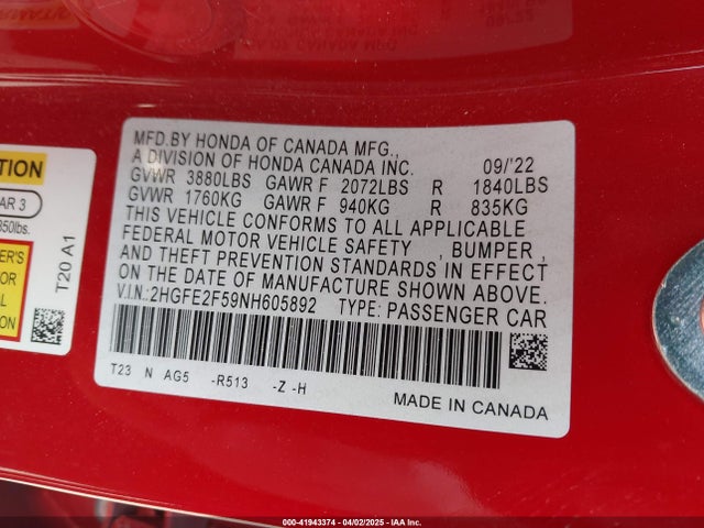 2HGFE2F59NH605892 Honda Civic Sport