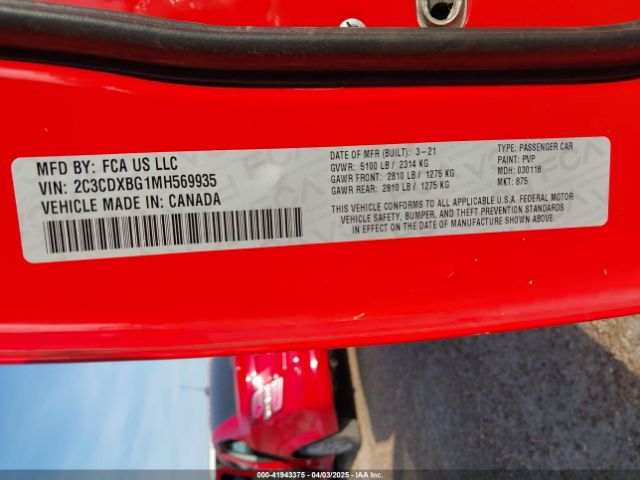 2C3CDXBG1MH569935 Dodge Charger Sxt Rwd