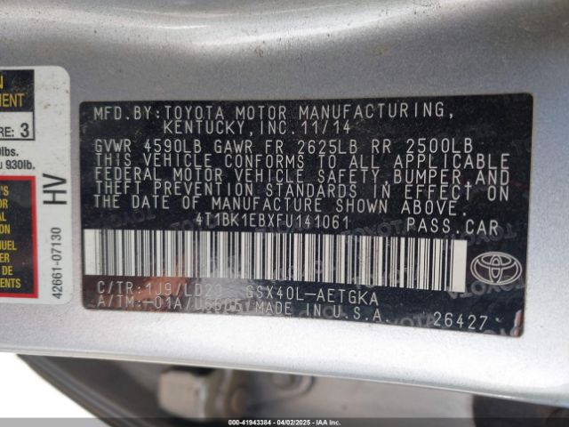4T1BK1EBXFU141061 Toyota AVALON XLE
