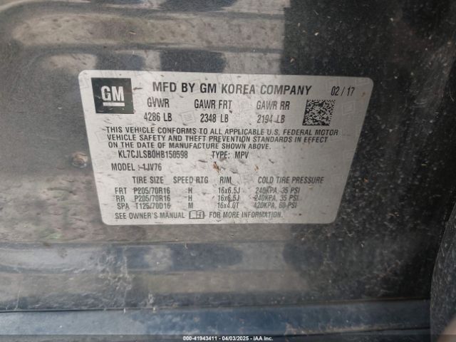 KL7CJLSB0HB150598 Chevrolet Trax Lt