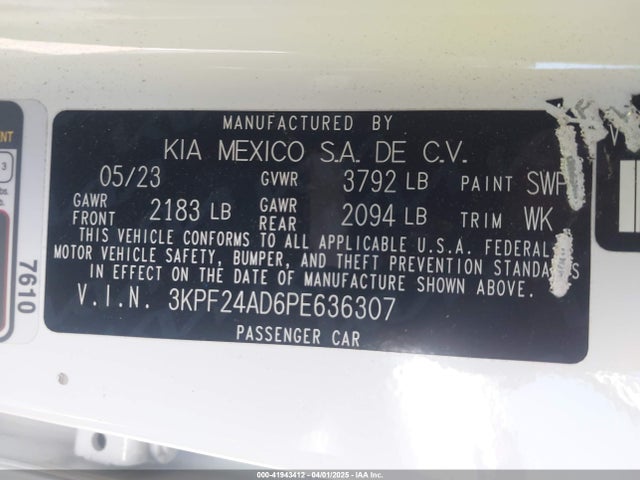 3KPF24AD6PE636307 KIA Forte Lxs
