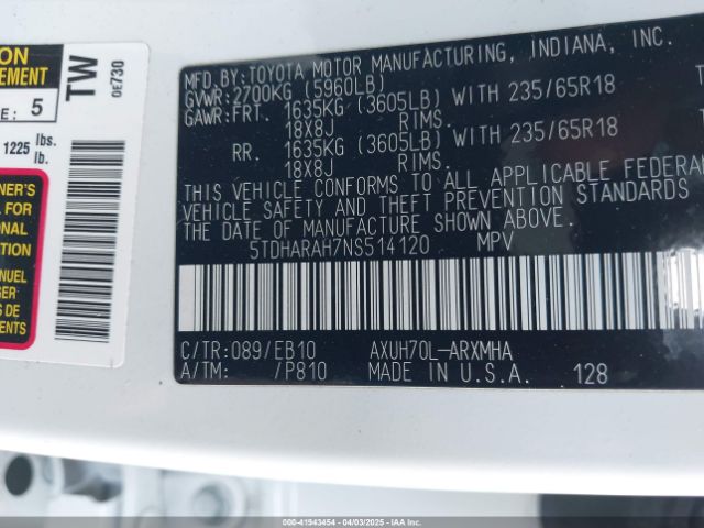 5TDHARAH7NS514120 Toyota Highlander Hybrid Xle