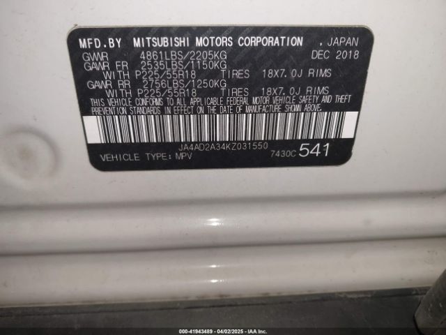 2019 MITSUBISHI OUTLANDER JA4AD2A34KZ031550 Photo 8