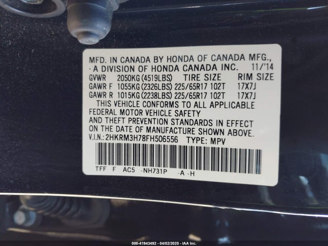 2HKRM3H78FH506556 Honda Cr-v Ex-l