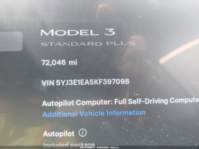 5YJ3E1EA5KF397098 Tesla Model 3 Long Range/mid Range/standard Range/standard Range Plus