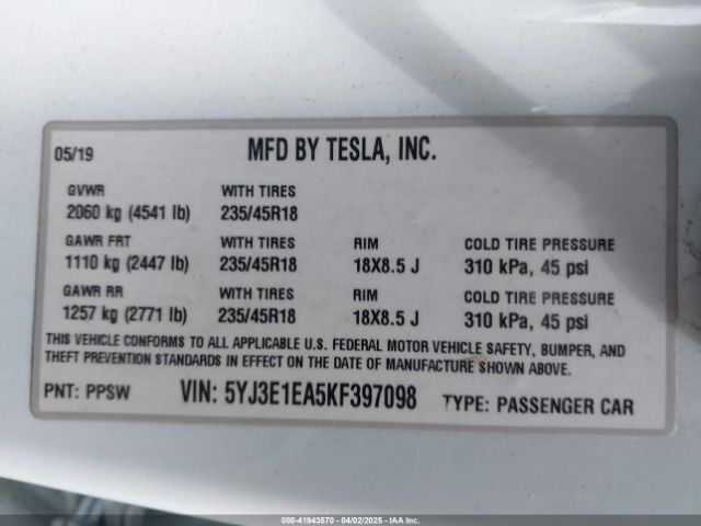 5YJ3E1EA5KF397098 Tesla Model 3 Long Range/mid Range/standard Range/standard Range Plus
