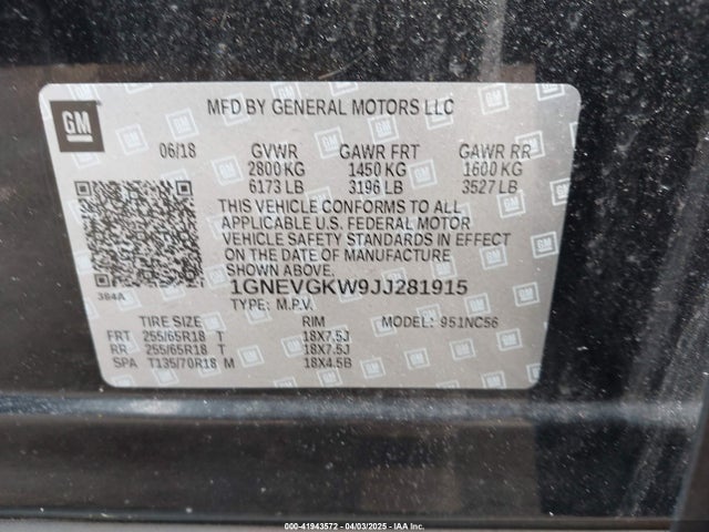 1GNEVGKW9JJ281915 Chevrolet Traverse 1lt