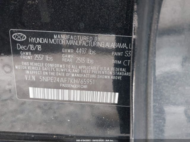 5NPE24AF7KH765951 Hyundai SONATA SE