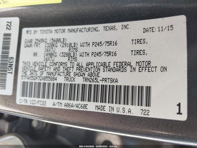 5TFAX5GN7GX055884 Toyota Tacoma Sr5