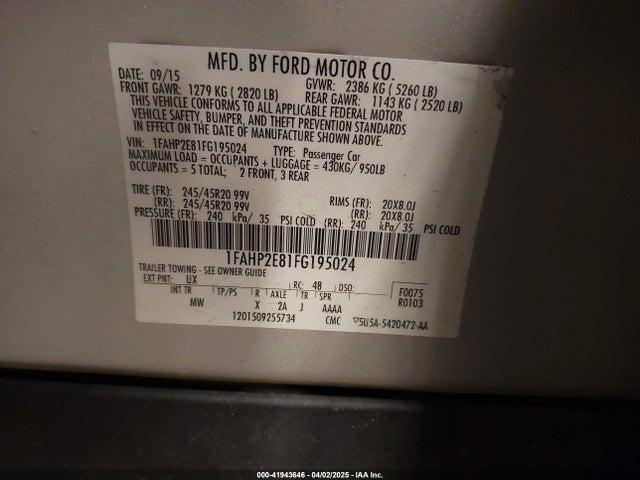 1FAHP2E81FG195024 Ford TAURUS SEL