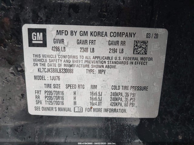 KL7CJKSB8LB330088 Chevrolet Trax Fwd Ls