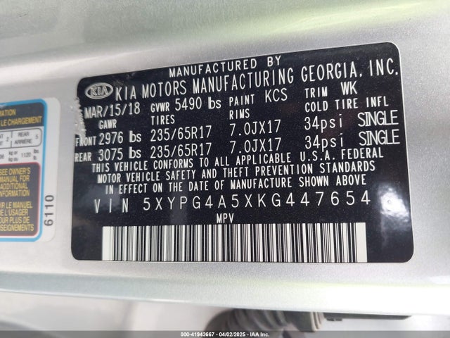 5XYPG4A5XKG447654 KIA Sorento 3.3l Lx
