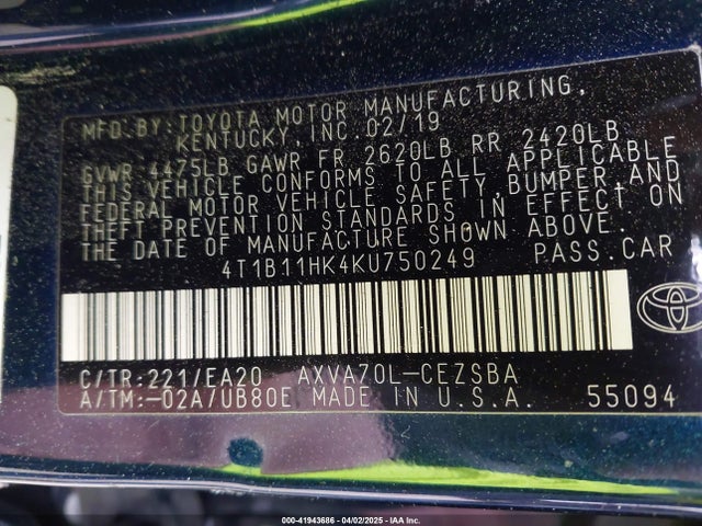 4T1B11HK4KU750249 Toyota CAMRY SE