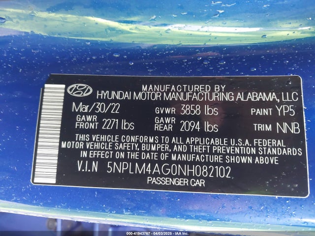 5NPLM4AG0NH082102 Hyundai mpi nu pe